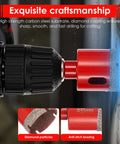 Diamond-coated hole saw drill bit, red 35mm diameter, mounted on drill chuck for ceramic tile cutting