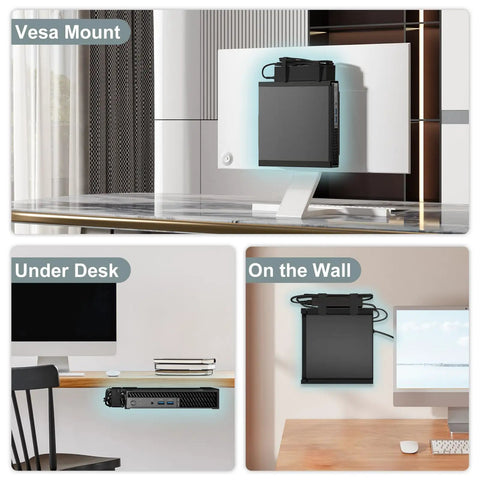 Straight Up Sturdy Wall And Underdesk Mount For Micro PC With Vesa Compatible Mini PC Bracket Including A Nifty Pen Holder And No Sweat Cable Management For Optiplex shown in Vesa mount and under desk configurations.