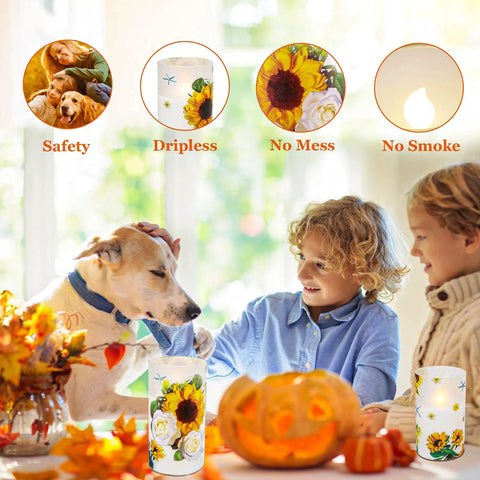 Children and dog with Sunflower Flameless Candles Set With Remote Timer For Women Perfect Housewarming Gift For A New Home Get Well Soon Decor Led Glass Candles For Cozy Vibes And Giftable Charm
