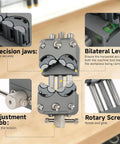 Upgraded Eight Jaw Mini Fractal Vise With 90Mm Wide Opening And Self Adjusting Jaws showing precision jaws, adjustment knob, and bilateral level.