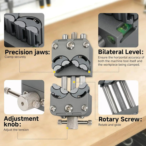 Upgraded Eight Jaw Mini Fractal Vise With 90Mm Wide Opening And Self Adjusting Jaws showing precision jaws, adjustment knob, and bilateral level.