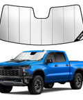 Custom Fit Windshield Sun Shade Straight Up Perfect For Chevy Silverado And GMC Sierra 1500 Trucks, silver reflective design