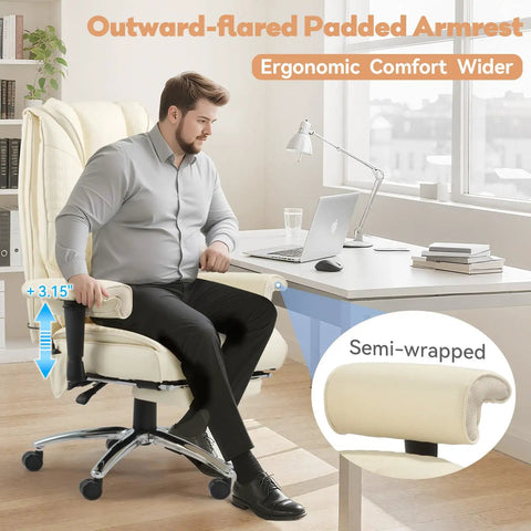 Al Day Comfort Massage And Heated Office Chair With Foot Rest in beige, showing ergonomic high back and adjustable armrests in an office setting.