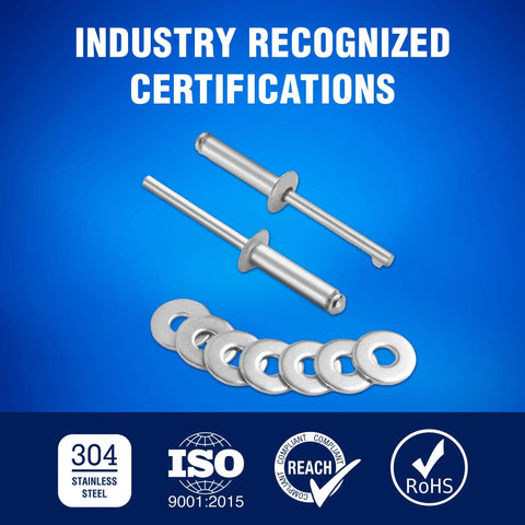 342 Piece Blind And Pop Rivet Kit With Aluminum Rivets And 304 Stainless Steel Backup Washers, industry certifications shown