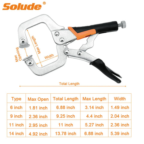 6 Inch C Clamp Locking Pliers Heavy Duty Vise Grip Welding Clamp With Swivel Pads, measurements chart included, Solude brand