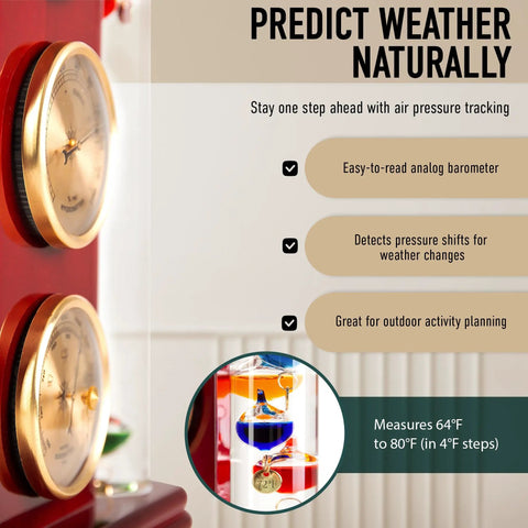 Side view of Dope Analog Weather Station With Galileo Thermometer Barometer Hygrometer And Quartz Clock For Indoor Outdoor Use