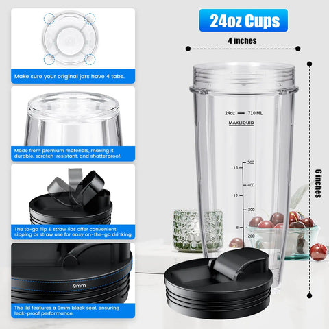 Ninja Blender Replacement Parts Kit With Two 24 Oz Cups And To Go Lids showing detailed measurements and features