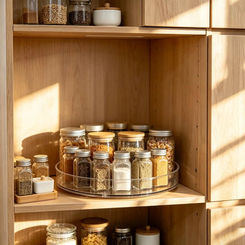 Clear Acrylic 11 Inch Lazy Susan Organizer With A Super Smooth 360 Spin That Makes Taming Kitchen Clutter in a pantry setting.