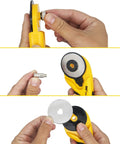 Hands adjusting a 45mm Rotary Cutter And Precision Knife Set For Art Quilting And Crafting With 12 Bonus Blades Pro Grade Ergonomic Aluminum Handle