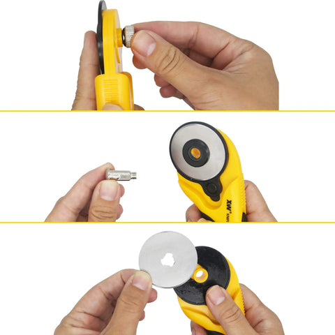 Hands adjusting a 45mm Rotary Cutter And Precision Knife Set For Art Quilting And Crafting With 12 Bonus Blades Pro Grade Ergonomic Aluminum Handle