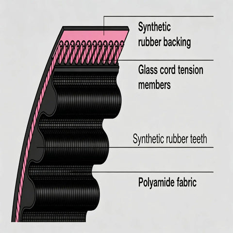 Diagram of Heavy Duty 48 Inch Endless Loop Synchronous Belt Model 480 H-100 detailing synthetic rubber construction and glass cord tension.