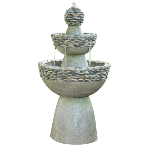 Outdoor Three Tier Zen Style Pedestal Water Fountain With Stone Trim And Pump Two Point Six Four Gallon Capacity Stone Gray Backyard