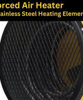 Close-up of Heavy Hitter Electric Forced Air Shop Heater, showcasing stainless steel heating element and protective mesh grill.