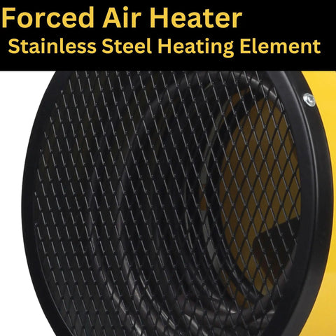Close-up of Heavy Hitter Electric Forced Air Shop Heater, showcasing stainless steel heating element and protective mesh grill.