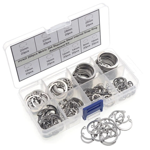 Internal Snap Ring Set 200 Pcs Stainless Steel 304 Metric Circlip Assortment Kit With 10 Sizes displayed in organizer box