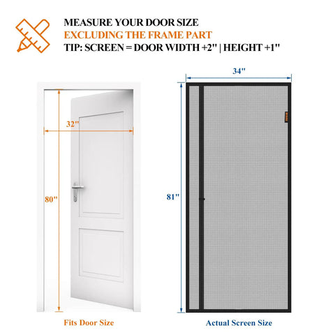 Diagram showing fit of Magnetic Screen Door For 32 By 80 Inch Openings, Reversible Left Or Right Install, Scratch Resistant Polyester
