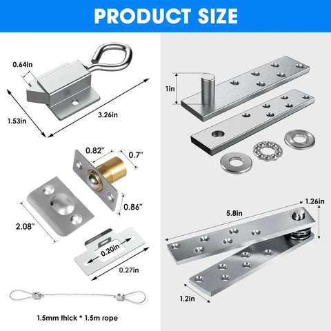Product size guide for Pivot Door Hinges Heavy Duty Stealthy Hidden Hinge Kit for Wood Secret Doors and Bookcases with dimensions.
