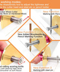 Spot On Accurate Dovetail Jig Wheel Marking Gauge With Micro Tweaks for Woodworking showing five marking functions on a workpiece.