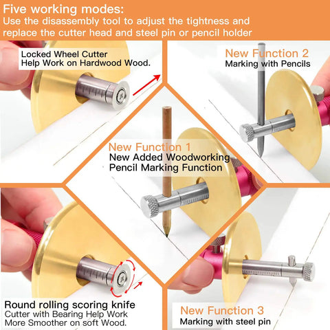 Spot On Accurate Dovetail Jig Wheel Marking Gauge With Micro Tweaks for Woodworking showing five marking functions on a workpiece.