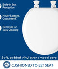 Comfy Cushioned Toilet Seat With Padded Vinyl Cover Over Wood Core, Secure Hinges, Easy Clean, Made In USA, Round White