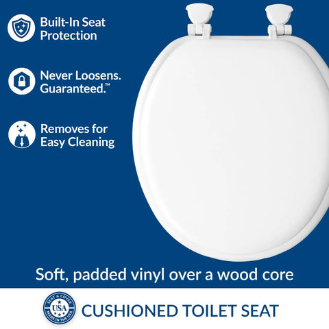 Comfy Cushioned Toilet Seat With Padded Vinyl Cover Over Wood Core, Secure Hinges, Easy Clean, Made In USA, Round White