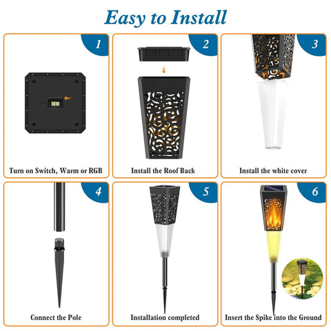 Installation steps for Solar Powered Pathway Lights 4 Pack Multicolor Outdoor Garden Lights IP67 Waterproof with unique pattern glow.