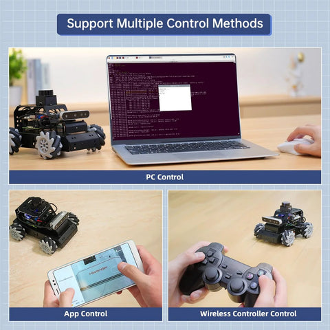 HIWONDER robot car with 4 mecanum wheels; laptop displays code, user controls via smartphone app and gamepad.