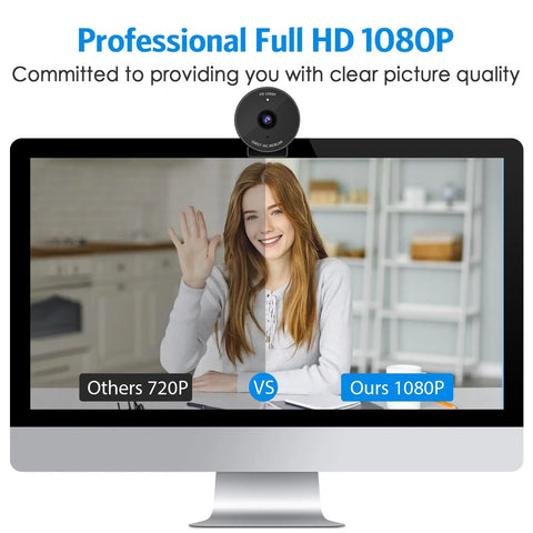 Slick 1080P USB Webcam With Crisp Stereo Mic And Slide Lock Privacy Slider For Dope Video Calls Remote Hustling Live Streaming Plug And Play Top Tier Lens Upgrade on a monitor showing HD comparison.