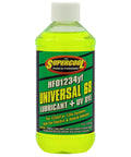 Heavy Duty POE Compressor Oil Runs Slick In Electric And Hybrid Air Conditioning Systems Including UV Leak Detecting Dye Compatible With 1234YF And R134A Refrigerants Keeps Your Cooling Setup Tight And Reliable In An Eight Ounce Bottle in green plastic container.
