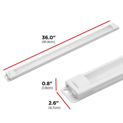36 Inch Plug-In Linkable Under Cabinet Light Bar With High Low Off Switch, Warm 2700K LED Kitchen Lighting dimensions shown