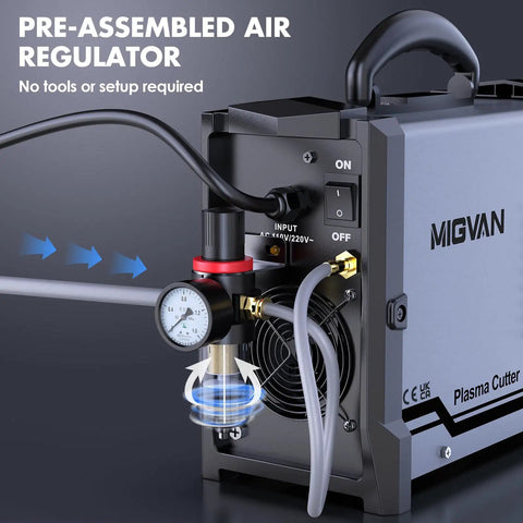 Beefy 50 Amp Plasma Cutter With Dual Voltage 110V To 220V shown with pre-assembled air regulator and power switch.