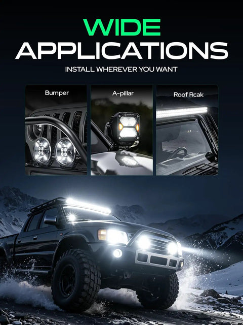 5.5 Inch LED Pod Lights Driving Beam, 40W Off Road Lights With 400 Lumens, Rugged LED Light Bar For Trucks, ATVs, UTVs, Dirt Bikes, Boats, And More, Built For Night Rides And Tough Jobs mounted on bumper, A-pillar, and roof rack