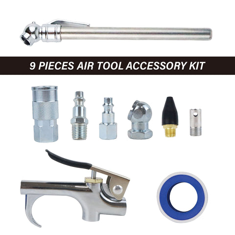 9 Piece Air Compressor Accessories Kit With 25 Foot One Quarter Inch PVC Hose, Brass Fittings, Quick Connect Coupler, Blow Gun, Tire Gauge