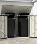 6 X 3 Ft Horizontal Metal Shed with Double Lockable Doors, Easy Lift Hinges, Sloping Roof storing trash cans in backyard