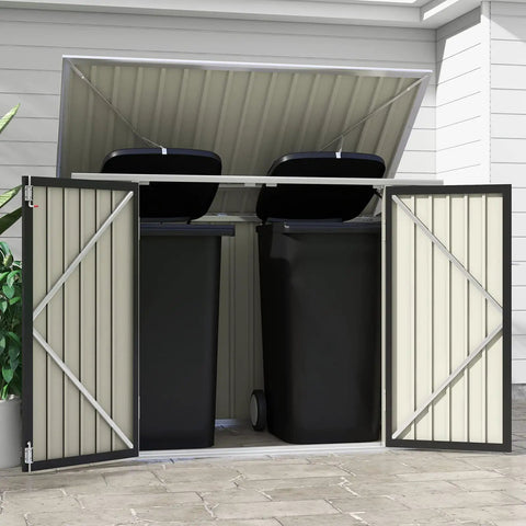 6 X 3 Ft Horizontal Metal Shed with Double Lockable Doors, Easy Lift Hinges, Sloping Roof storing trash cans in backyard