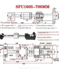 Pro Grade SFU1605 700mm Ball Screw Kit With Integrated Stepper And Servo Motor Housing, Linear Guide Lifting Module, Ultra Low Backlash, Smooth Rolling, Bearing Steel Construction For CNC Tools diagram