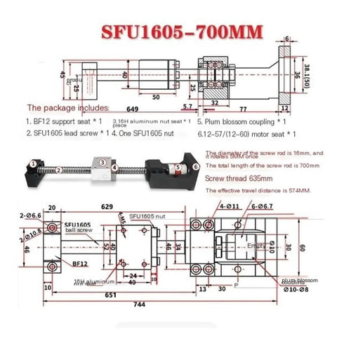 Pro Grade SFU1605 700mm Ball Screw Kit With Integrated Stepper And Servo Motor Housing, Linear Guide Lifting Module, Ultra Low Backlash, Smooth Rolling, Bearing Steel Construction For CNC Tools diagram