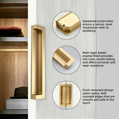 Close-up of Two Pack Recessed Cabinet Handle And Flush Zinc Alloy Finger Pulls For Kitchen Cabinets, 3.8 Inch Gold Finish