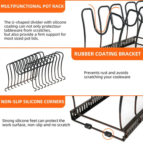 Expandable Under Cabinet Pot And Pan Lid Organizer Rack crafted from solid iron with rubber tips for scratch free storage.