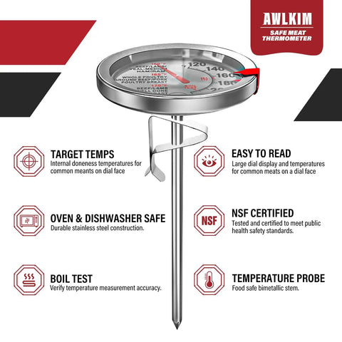 Analog Probe Meat Thermometer Two Pack No Batteries Needed 2.5 Inch Extra Large Dial 120 To 220 F Range NSF Certified