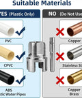 Get Your Pipe Threading On With This 3-Piece Internal And External Threader Kit showing suitable materials for use on PVC, CPVC, and ABS pipes.