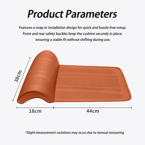 Ultimate Car Seat Leg Extender Cushion For Mini Cooper Se Convertible Jcw Electric Drives showing dimensions 38cm x 44cm x 18cm with safety buckles.
