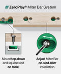 Premium Zero Play Table Saw Sled Kit Featuring Adjustable Miter Bar And Ergonomic MatchFit Handle For Flawless Crosscuts Plus Built In Drilling Template For A Freakin Perfect Woodworking Rig That Rocks, showing the miter bar system for easy installation.