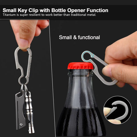 Titanium Carabiner Keychain With Quick Release Clip used as a bottle opener, showing versatility for keys and accessories.