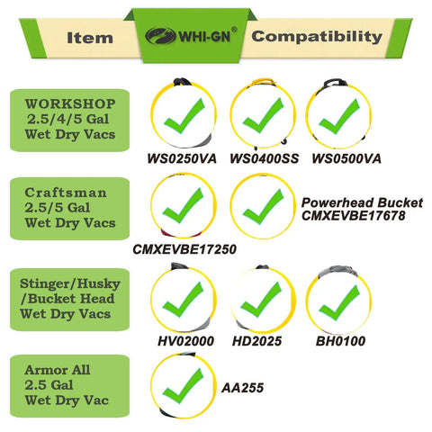 Compatibility chart for 12 Pack Wet Dry Vacuum Filter Bags Replacement For Stinger MultiFit VF2000 And Workshop WS01025F Craftsman 9-38737