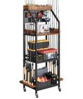 Three-Tier Fishing Rod Rack With Pegboard Hooks And Wooden Top Box, rolling storage with rods, tackle boxes, and pegboard