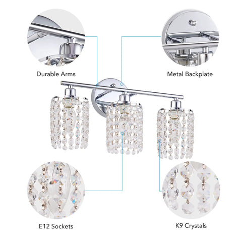 3 Light Crystal Vanity Sconce Over Mirror With Nickel Finish featuring durable arms and K9 crystals for bathroom and living room decor