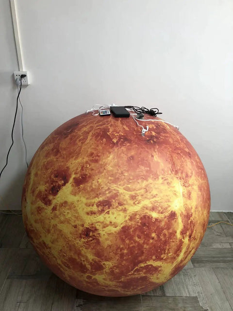 60 Inch Inflatable Venus Planet Balloon For Astronomy Education And Planetarium Decor, Great For Schools, Museums, Parties, And Large Events, Ceiling Or Ground Display, Includes Air Pump, RGB Lights, Ropes, And Durable 0.25mm PVC, inflated Venus planet balloon on floor