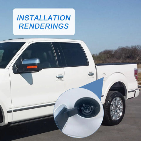 Installation view of Fuel Filler Door Housing Pocket Assembly Replacement For Ford F-150 2009 2014 And Lincoln Mark LT 2010 2014 Gas Tank Cap Door Hinge With Part Numbers 9L3Z9927936B And 9L3Z-9927936-B on a white truck