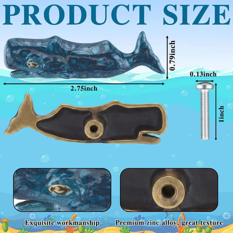Sperm Whale Shaped Cabinet Knobs 4 Piece Set In Vintage Ocean Blue Zinc Alloy for drawers with dimensions and details.